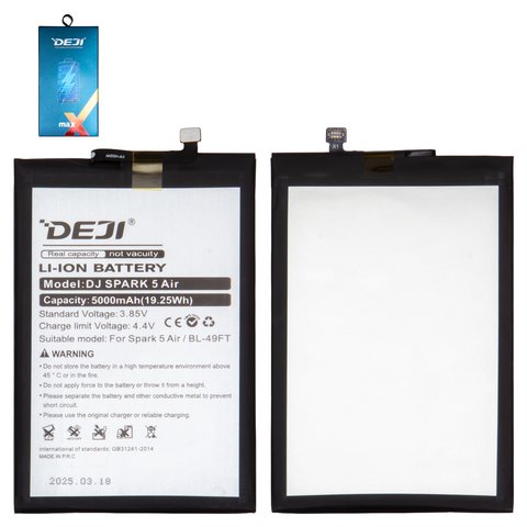 Batería Deji BL 49FT puede usarse con Tecno Pop 4 Pro BC3 , Pop 5 Lite, Pop 5 LTE, Spark 5 KD7S , Spark 7 Go KF6m , Spark Go 2022 , Li ion, 3.85 V, 5000 mAh