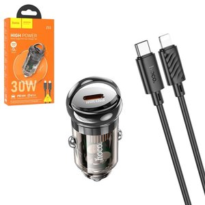 Автомобільний зарядний пристрій Hoco Z53, чорне, прозоре, Power Delivery PD , з кабелем USB тип C до Lightning для Apple, 30 Вт, 1 порт, 12 24 B, #6942007611268