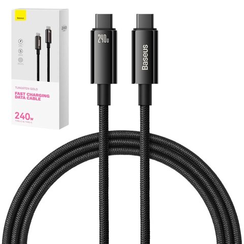 USB кабель Baseus Tungsten Gold, 2xUSB тип C, 200 см, 240 Вт, чорний, в нейлоновому обплетенні, #CAWJ040101